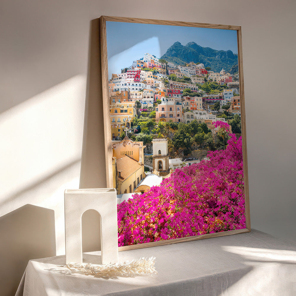 Positano Spring Blooms - Art Print by Victoria's Stories, Poster, Stretched Canvas or Framed Wall Art Prints, shown framed in a room