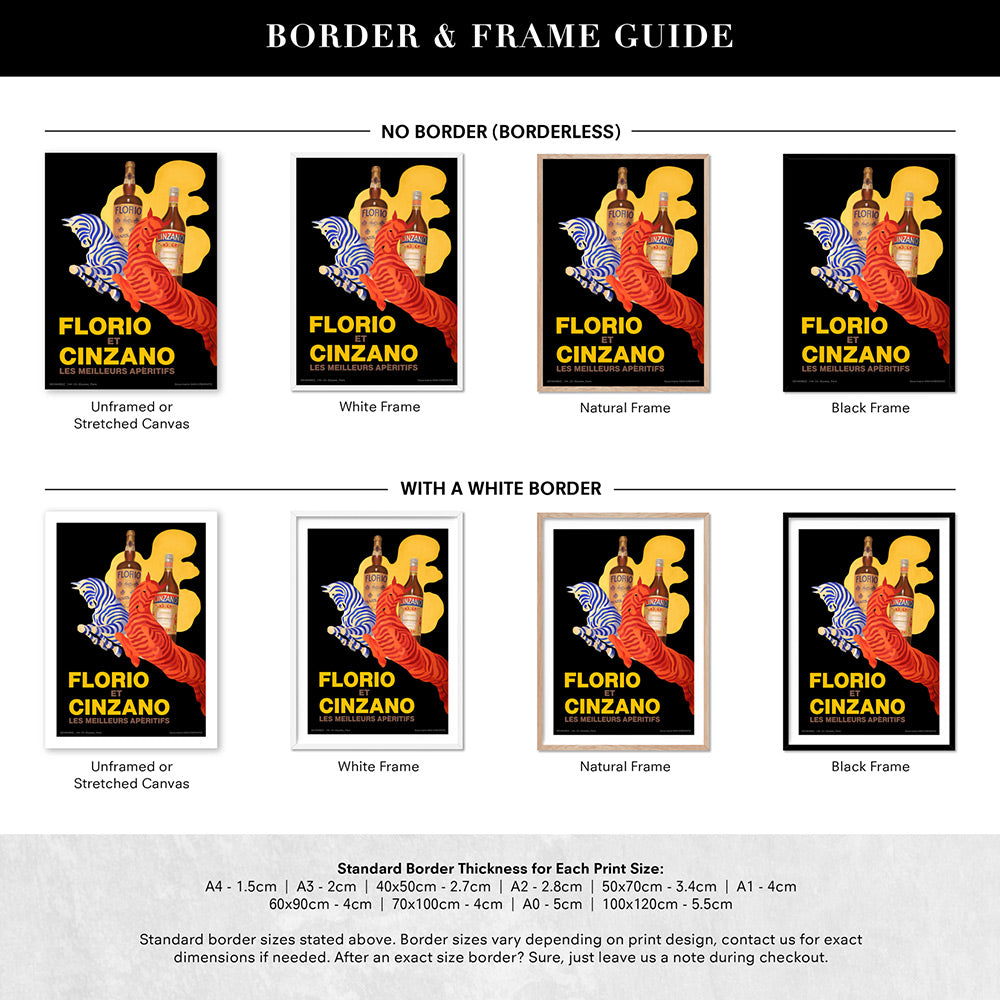 Cappiello | Florio Cinzano - Art Print, Poster, Stretched Canvas or Framed Wall Art, Showing White , Black, Natural Frame Colours, No Frame (Unframed) or Stretched Canvas, and With or Without White Borders