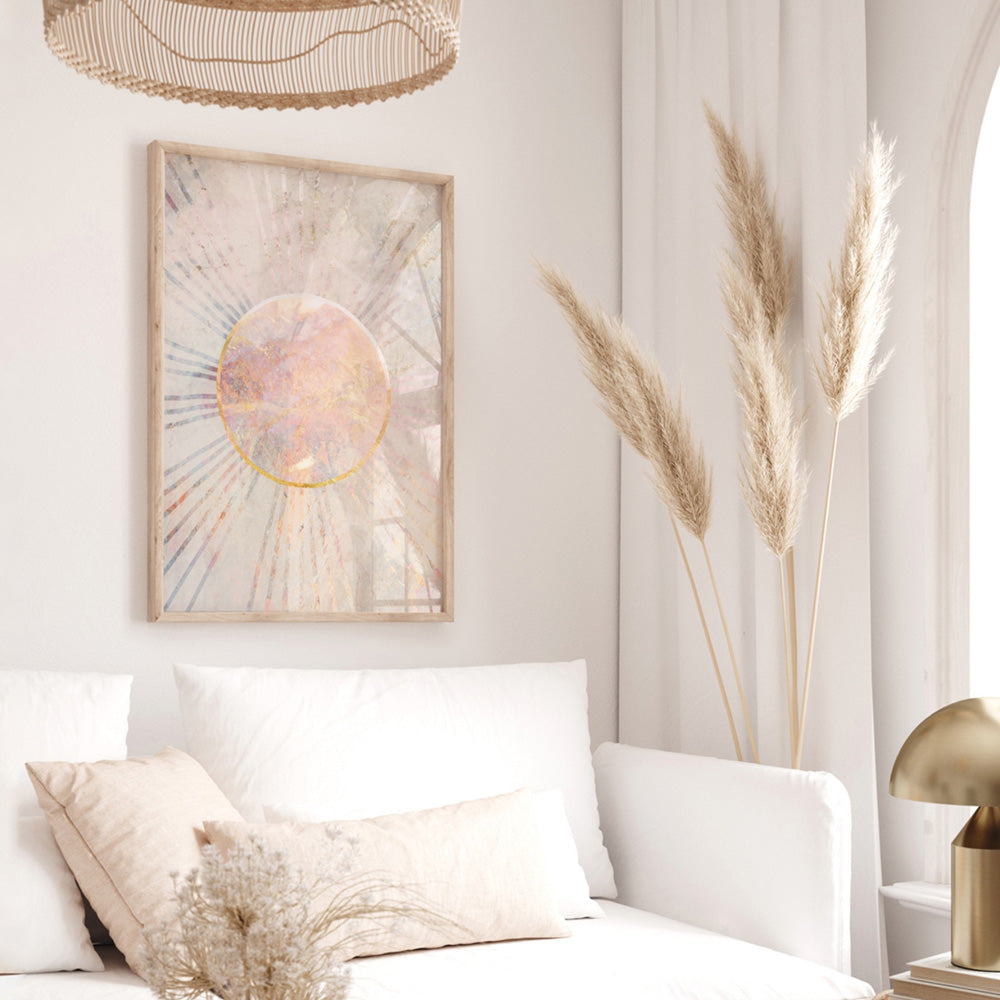 Boho Sun Rays Illustration - Art Print, Poster, Stretched Canvas or Framed Wall Art Prints, shown framed in a room