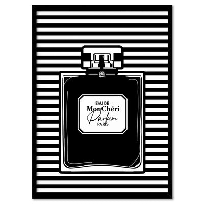 Perfume Bottle Stripes Monochrome - Art Print, Poster, Stretched Canvas, or Framed Wall Art Print, shown in a black frame