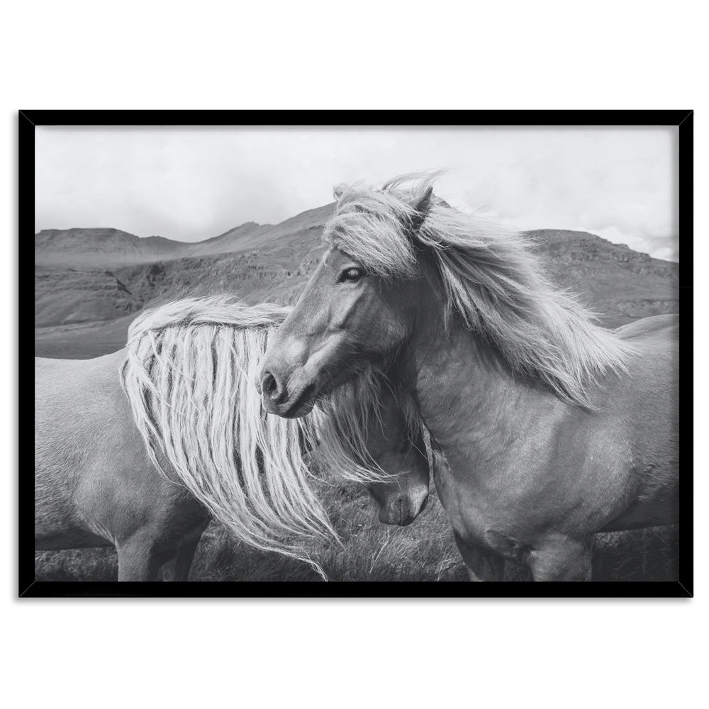 Horses Embrace in B&W - Art Print, Poster, Stretched Canvas, or Framed Wall Art Print, shown in a black frame