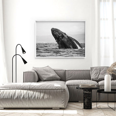 Humpback Whale Breach Landscape - Art Print, Poster, Stretched Canvas or Framed Wall Art, shown framed in a home interior space