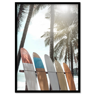 Hawaii Surfboards & Palms IV - Art Print, Poster, Stretched Canvas, or Framed Wall Art Print, shown in a black frame