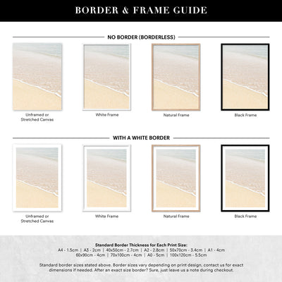 Sand and Sea View - Art Print, Poster, Stretched Canvas or Framed Wall Art, Showing White , Black, Natural Frame Colours, No Frame (Unframed) or Stretched Canvas, and With or Without White Borders