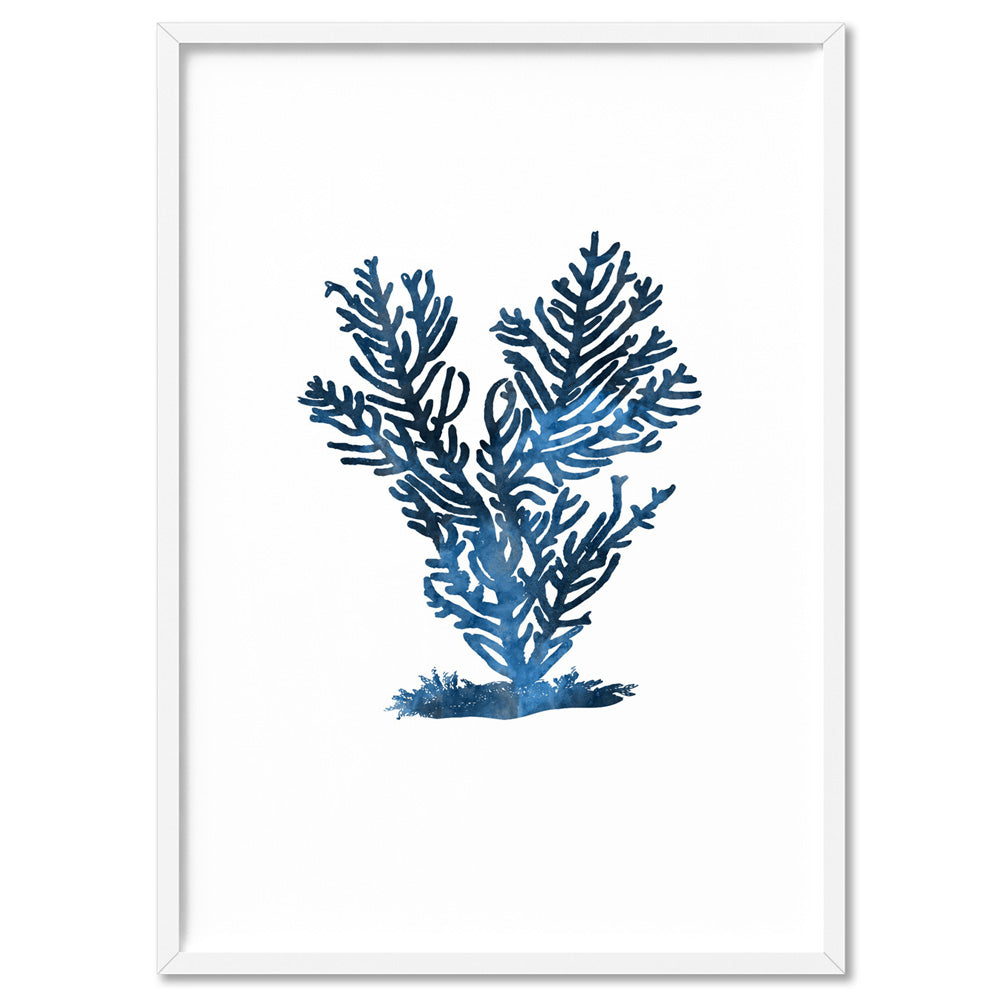 Hamptons Watercolour Blue Coral IV - Art Print, Poster, Stretched Canvas, or Framed Wall Art Print, shown in a white frame