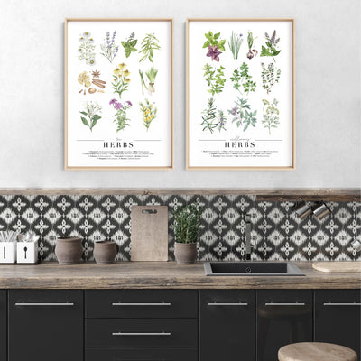 Tea Herbs Chart - Art Print, Poster, Stretched Canvas or Framed Wall Art, shown framed in a home interior space