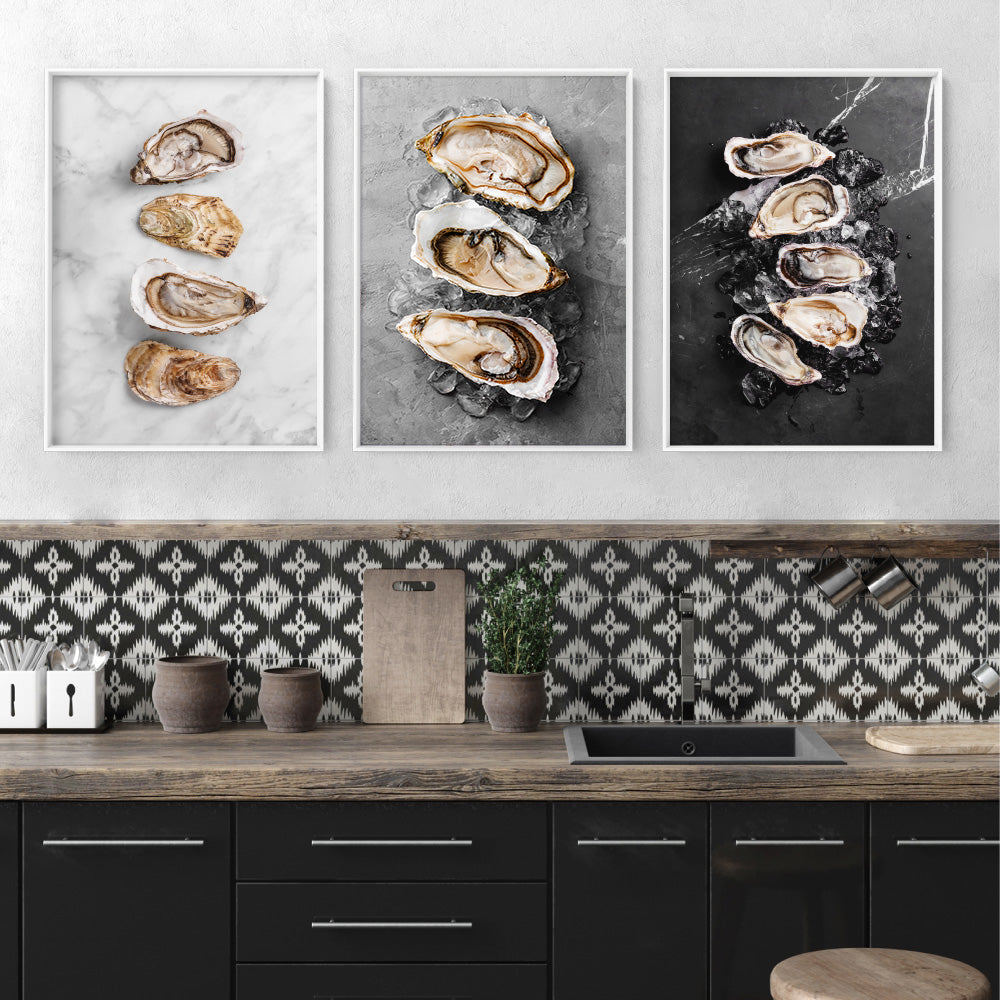 Oysters on Light - Art Print, Poster, Stretched Canvas or Framed Wall Art, shown framed in a home interior space