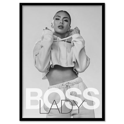 BOSS Lady Black and White II - Art Print, Poster, Stretched Canvas, or Framed Wall Art Print, shown in a black frame