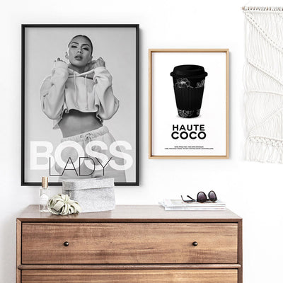 BOSS Lady Black and White II - Art Print, Poster, Stretched Canvas or Framed Wall Art, shown framed in a home interior space