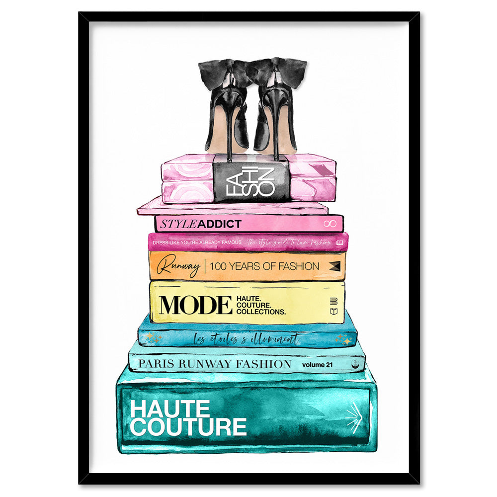 Fashion Book Stack in Rainbow Hues - Art Print, Poster, Stretched Canvas, or Framed Wall Art Print, shown in a black frame