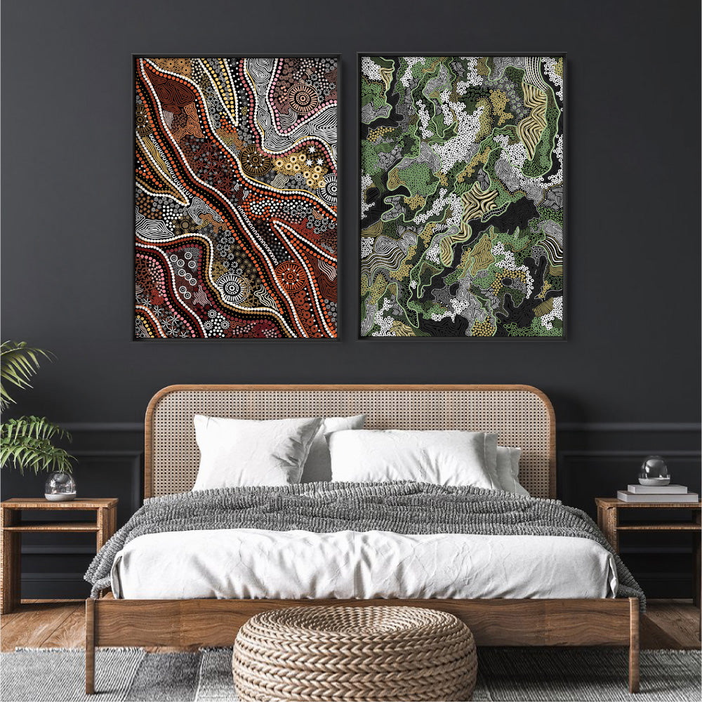 Canobie Dry Season Greens in Landscape - Art Print by Leah Cummins, Poster, Stretched Canvas or Framed Wall Art, shown framed in a home interior space