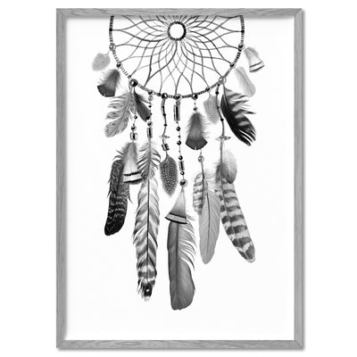 Dreamcatcher in Black and White - Art Print, Poster, Stretched Canvas, or Framed Wall Art Print, shown in a natural timber frame