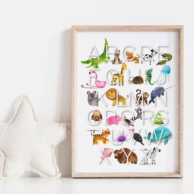 Animal Alphabet in Watercolours | White - Art Print, Poster, Stretched Canvas or Framed Wall Art Prints, shown framed in a room