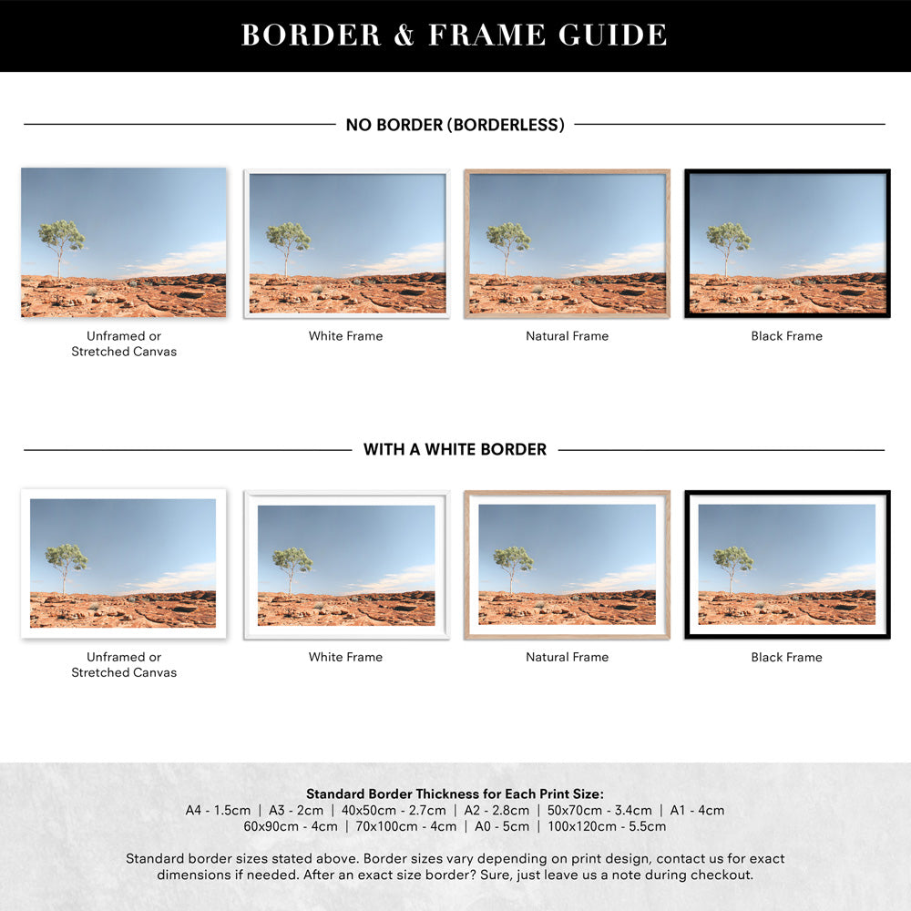 Lone Gumtree Outback View I - Art Print, Poster, Stretched Canvas or Framed Wall Art, Showing White , Black, Natural Frame Colours, No Frame (Unframed) or Stretched Canvas, and With or Without White Borders