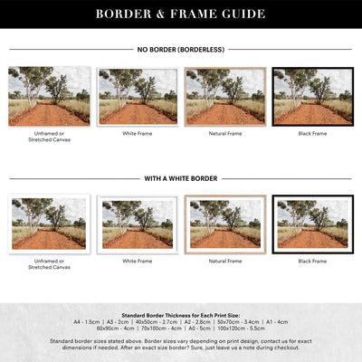 Gumtree Outback Road - Art Print, Poster, Stretched Canvas or Framed Wall Art, Showing White , Black, Natural Frame Colours, No Frame (Unframed) or Stretched Canvas, and With or Without White Borders