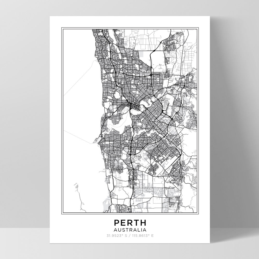 City Map | PERTH - Art Print, Poster, Stretched Canvas, or Framed Wall Art Print, shown as a stretched canvas or poster without a frame