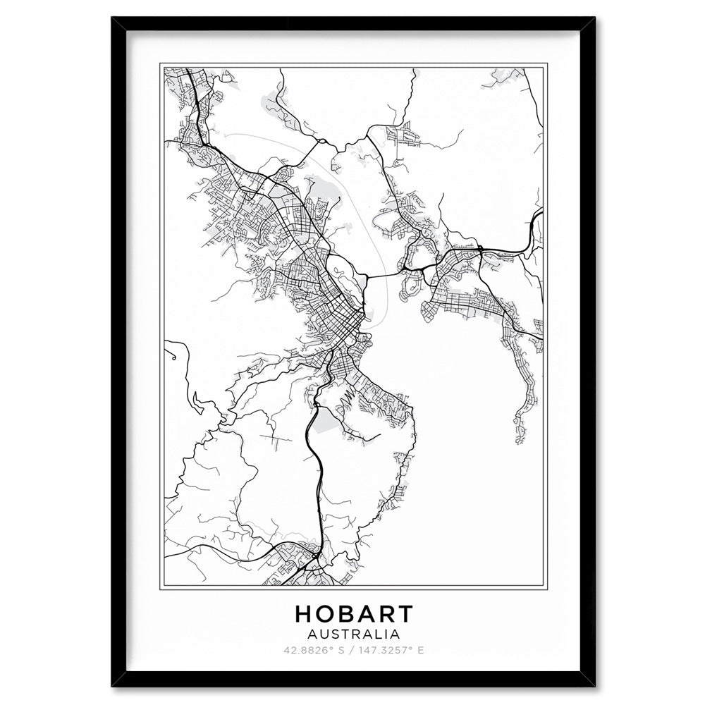 City Map | HOBART - Art Print, Poster, Stretched Canvas, or Framed Wall Art Print, shown in a black frame