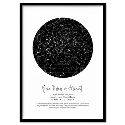 Custom Star Map | Black Circle - Art Print, Poster, Stretched Canvas, or Framed Wall Art Print, shown in a black frame