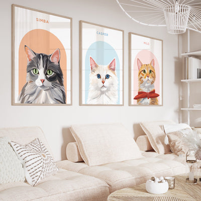 Custom Cat Portrait | Arch Illustration - Art Print, Poster, Stretched Canvas or Framed Wall Art, shown framed in a home interior space