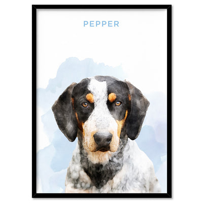 Custom Dog Portrait | Watercolour - Art Print, Poster, Stretched Canvas, or Framed Wall Art Print, shown in a black frame