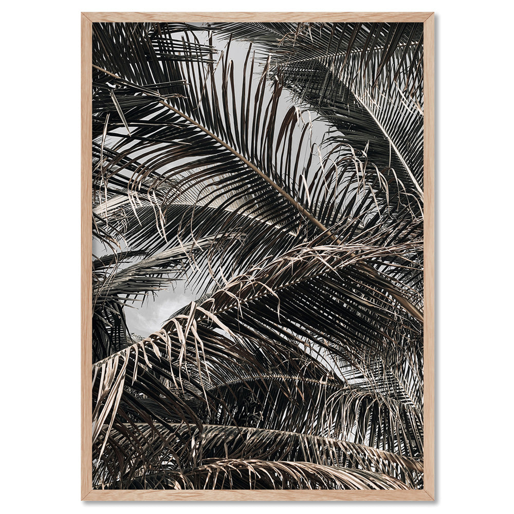 Monochrome Palm View - Art Print, Poster, Stretched Canvas, or Framed Wall Art Print, shown in a natural timber frame