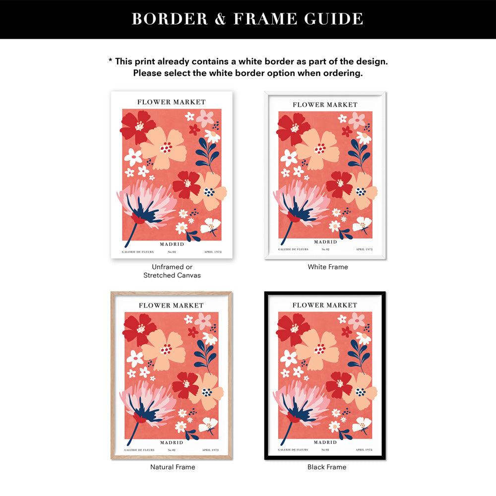 Flower Market | Madrid - Art Print, Poster, Stretched Canvas or Framed Wall Art, Showing White , Black, Natural Frame Colours, No Frame (Unframed) or Stretched Canvas, and With or Without White Borders