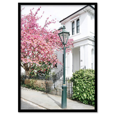 Cherry Blossoms in London I - Art Print by Victoria's Stories, Poster, Stretched Canvas, or Framed Wall Art Print, shown in a black frame