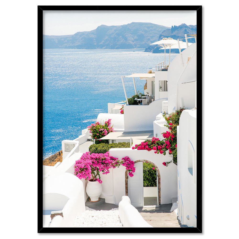 Santorini in Spring | Coastal Resort View II - Art Print by Victoria's Stories, Poster, Stretched Canvas, or Framed Wall Art Print, shown in a black frame