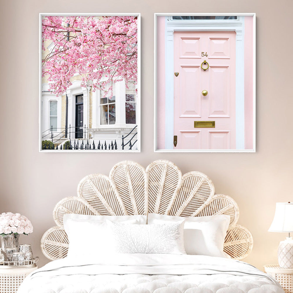 Cherry Blossoms in London II - Art Print by Victoria's Stories, Poster, Stretched Canvas or Framed Wall Art, shown framed in a home interior space